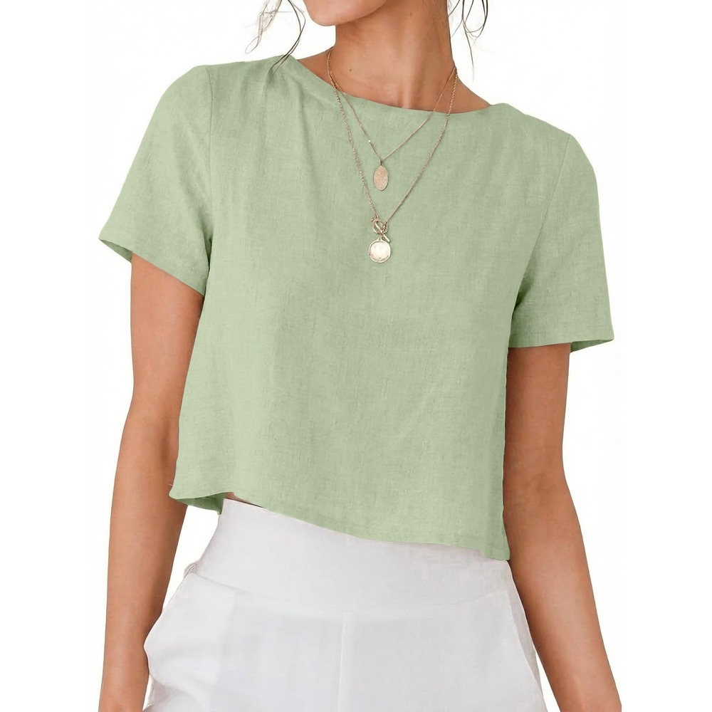 NWT IDEALSANXUN Women's Linen Crop T-Shirt Light Green Short Sleeve Small